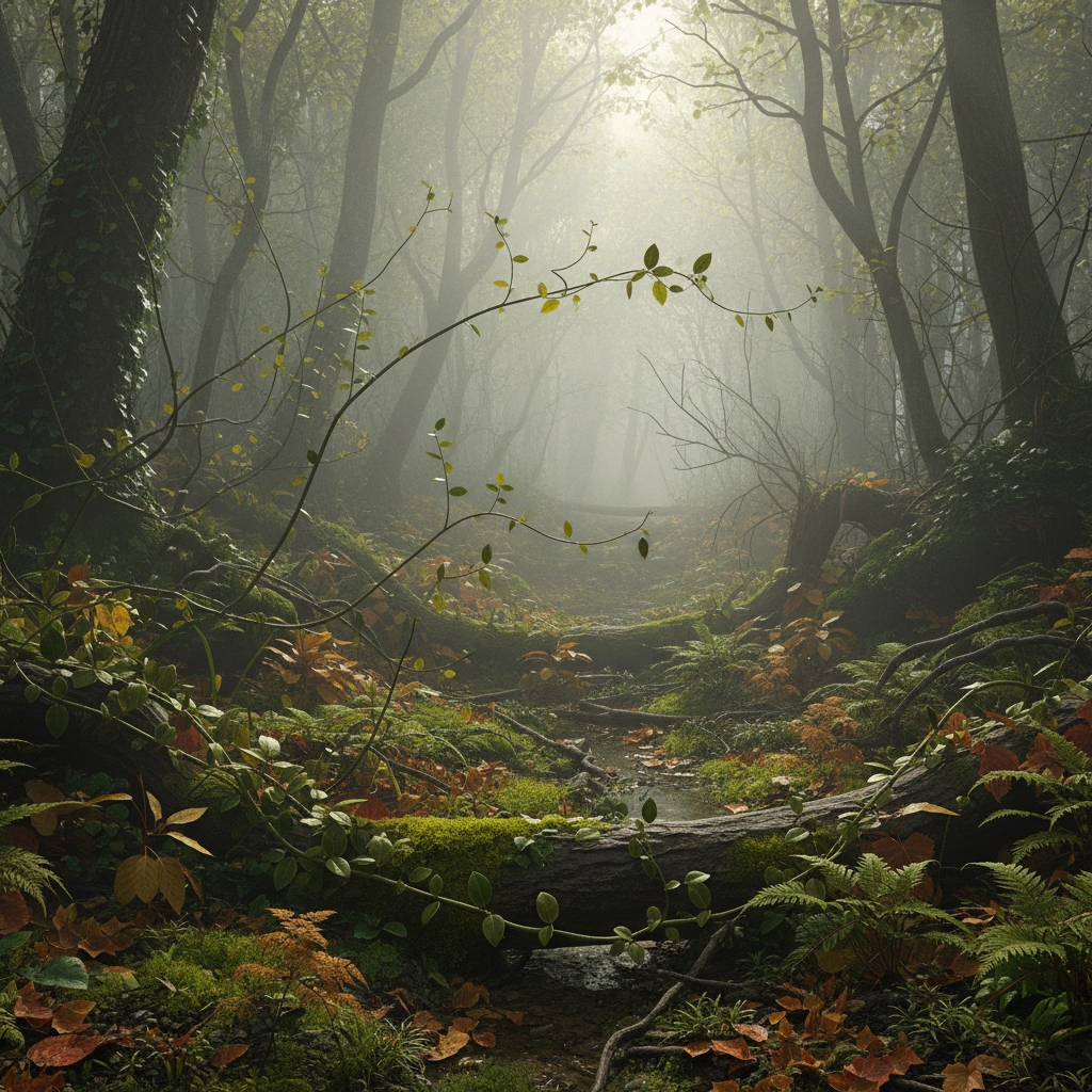 Ein nebliger, alter Wald mit moosbedeckten Bäumen und einem schmalen Bachlauf im weichen Gegenlicht.